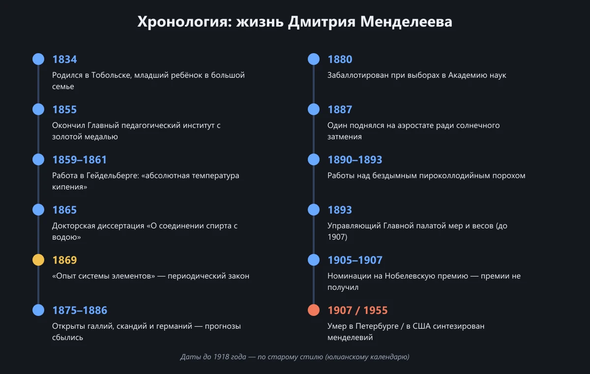 Хронология жизни Дмитрия Менделеева от 1834 до 1907 года и синтеза менделевия в 1955 году