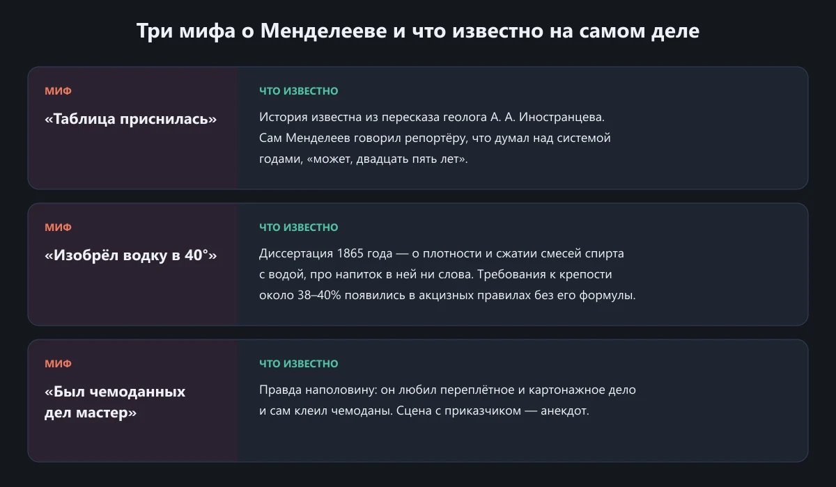 Схема: три популярных мифа о Менделееве и что известно на самом деле