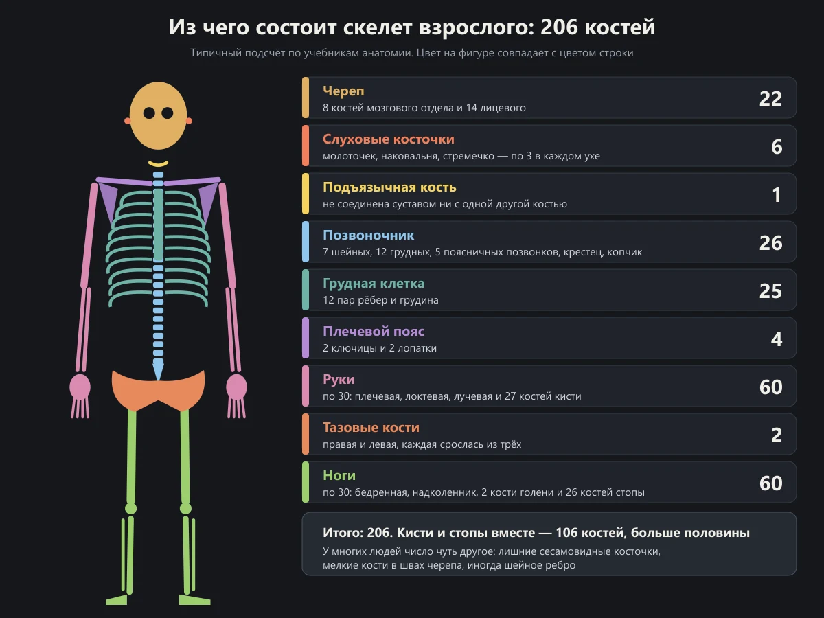 Схема скелета взрослого человека по отделам с числом костей: череп 22, слуховые косточки 6, подъязычная 1, позвоночник 26, грудная клетка 25, плечевой пояс 4, руки 60, тазовые кости 2, ноги 60