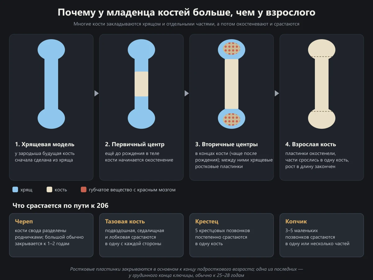 Схема: четыре стадии развития длинной кости от хрящевой модели до взрослой кости и примеры костей, которые срастаются из нескольких частей