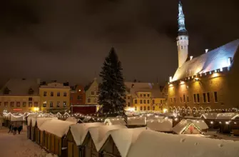 Рождественская ярмарка на заснеженной Ратушной площади Таллина ночью, в центре — большая ель