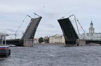 Разведённый Дворцовый мост над Невой, на заднем плане Кунсткамера и Стрелка Васильевского острова