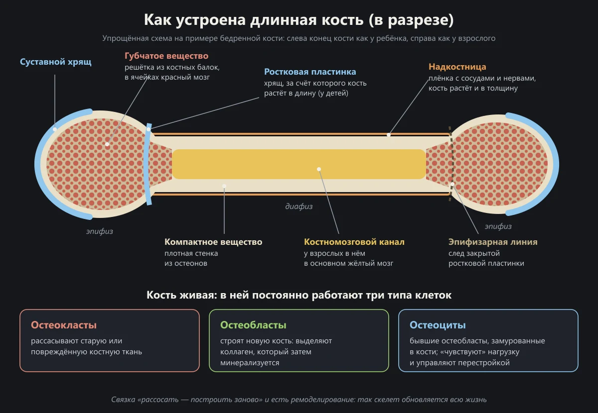 Схема длинной кости в разрезе: суставной хрящ, губчатое вещество с красным мозгом, ростковая пластинка, компактное вещество, костномозговой канал, надкостница и три типа костных клеток